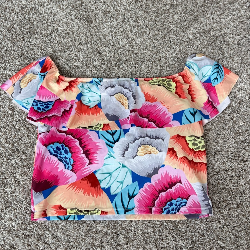 Kortni Jeane Women's Off the Shoulder Ruffle Swim Top Floral Print Size Large